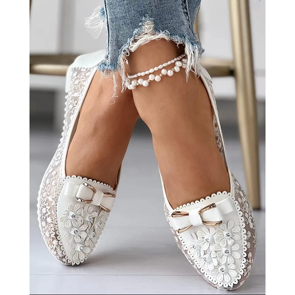 Summer Shoes Women Floral Embroidery Sheer Mesh Flats Loafers Casual Bowknot Decor Outdoor Slip-on Going Out Breathable mocassin