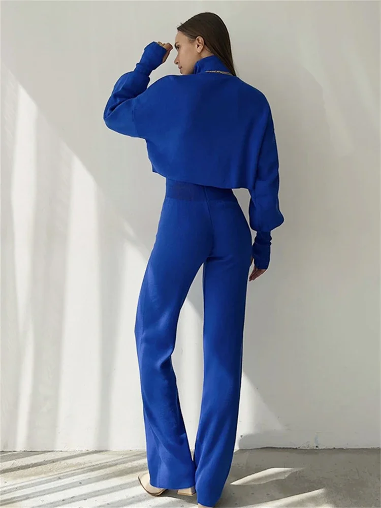 Turtleneck Two Piece Outfits For Women Lantern Sleeve Cropped Top And Straight Leg Pants Sets Tracksuit Casual Outfits