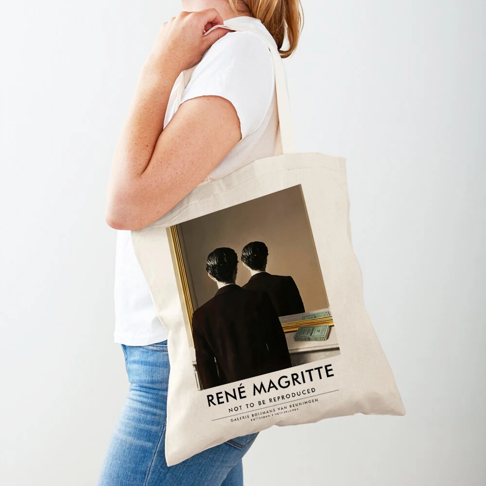 Magritte The Lovers Eye Pigeon Surrealism Lady Shopping Bag Supermarket Travel Tote Handbag Casual Canvas Women Shopper Bags