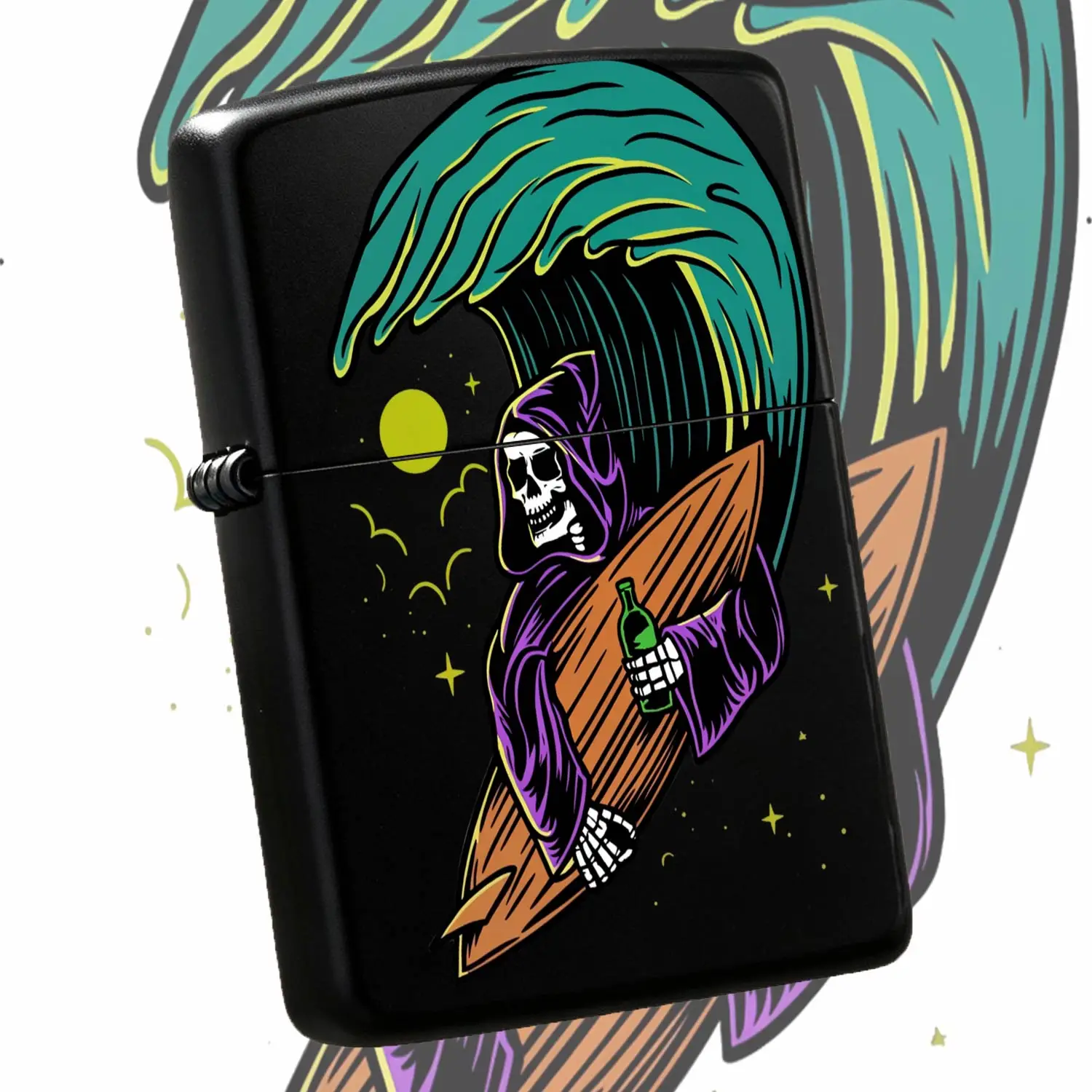 Retro Cool Surfing Reaper Pattern Lighter, Stylish Portable All-Purpose Igniter With Unique Creative Skeleton Surfer Design, Ideal For Daily Use, Outdoor Trips, Gatherings, Personaland Gifting To Friends Who Love Trendy A Humorous And Inter