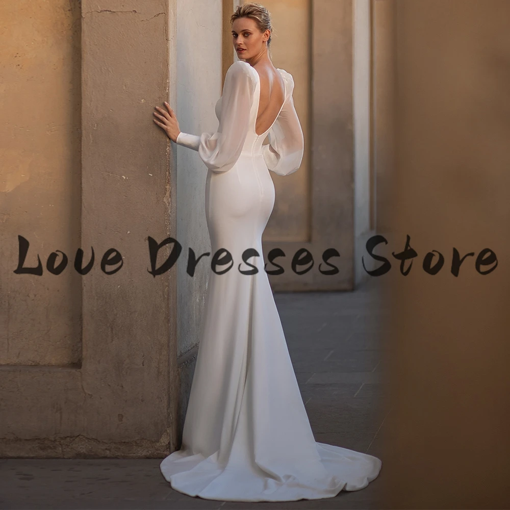 Modern Pure White Mermaid Wedding Dress Ladies Chic V-Neck with Crystal Long Puff Sleeve Sexy Backless Bridal Gown Court Train