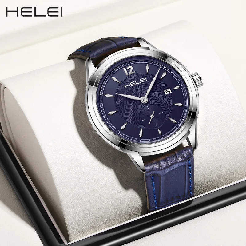 

HELEI's new cross-border business waterproof men's leather quartz watch is popular in the live broadcast.