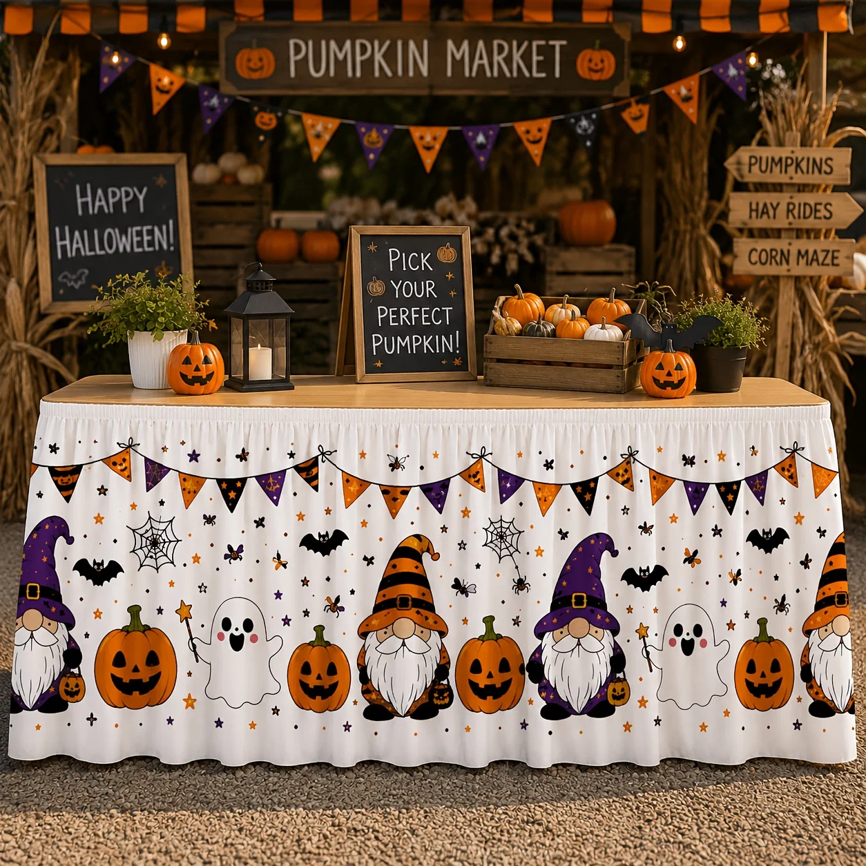 Cute Dwarf Halloween Table Skirt with Cartoon Print - Children's Fall Halloween Party Decorationxzj