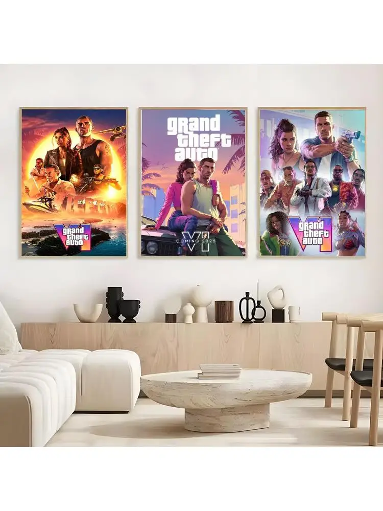 Heißes Spiel G-Gta 6 Poster Rahmenloses Poster Selbstklebende Kunst Wasserdichter Papieraufkleber Kaffeehaus Bar Zimmer Wanddekoration