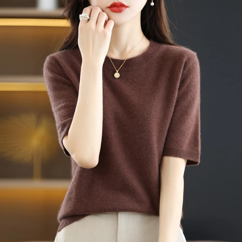 New Short-sleeved Knitwear Women O-neck T-shirt Wool Cotton Blend Pullover Vest Sprig Summer Bottoming Tops Sweater Solid Soft