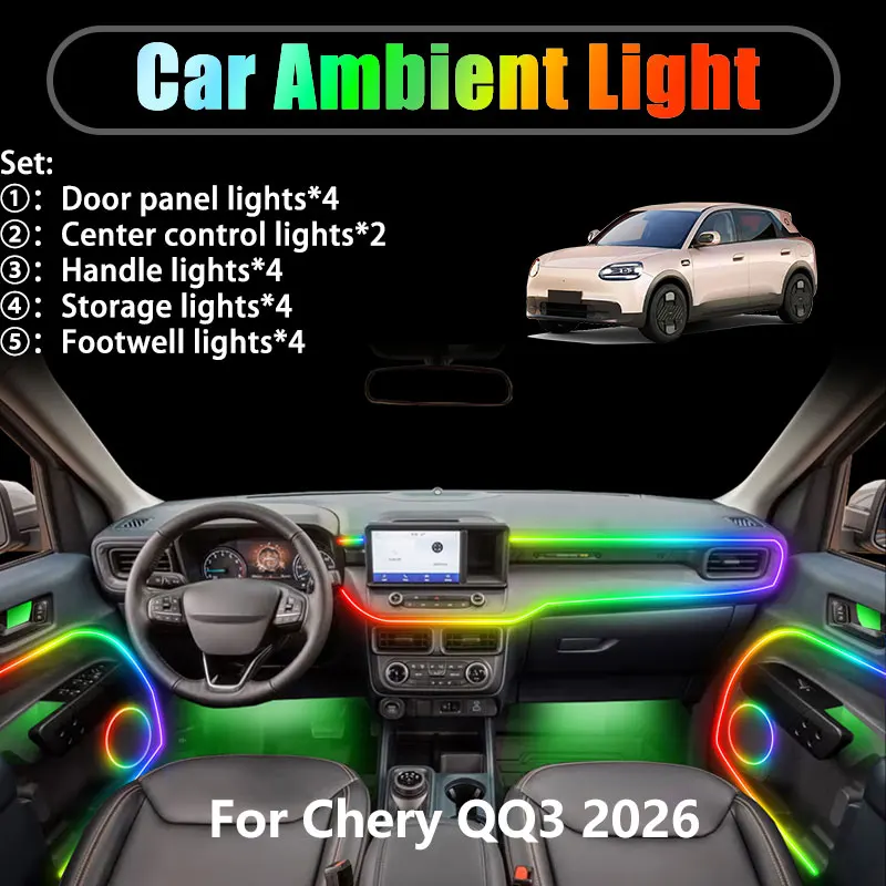 

For Chery QQ3 2026 2/18 in 1 Car ambient lighting Led trunk interior led lights USB RGB Ensemble Streamer Auto Parts Accessories