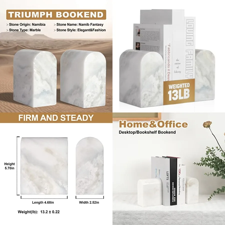 

African Natural Marble Bookends for Shelves, Non-Slip Book Ends, S Ultra Heavy Duty Marble Book Holder Organizer, Apartment Dec