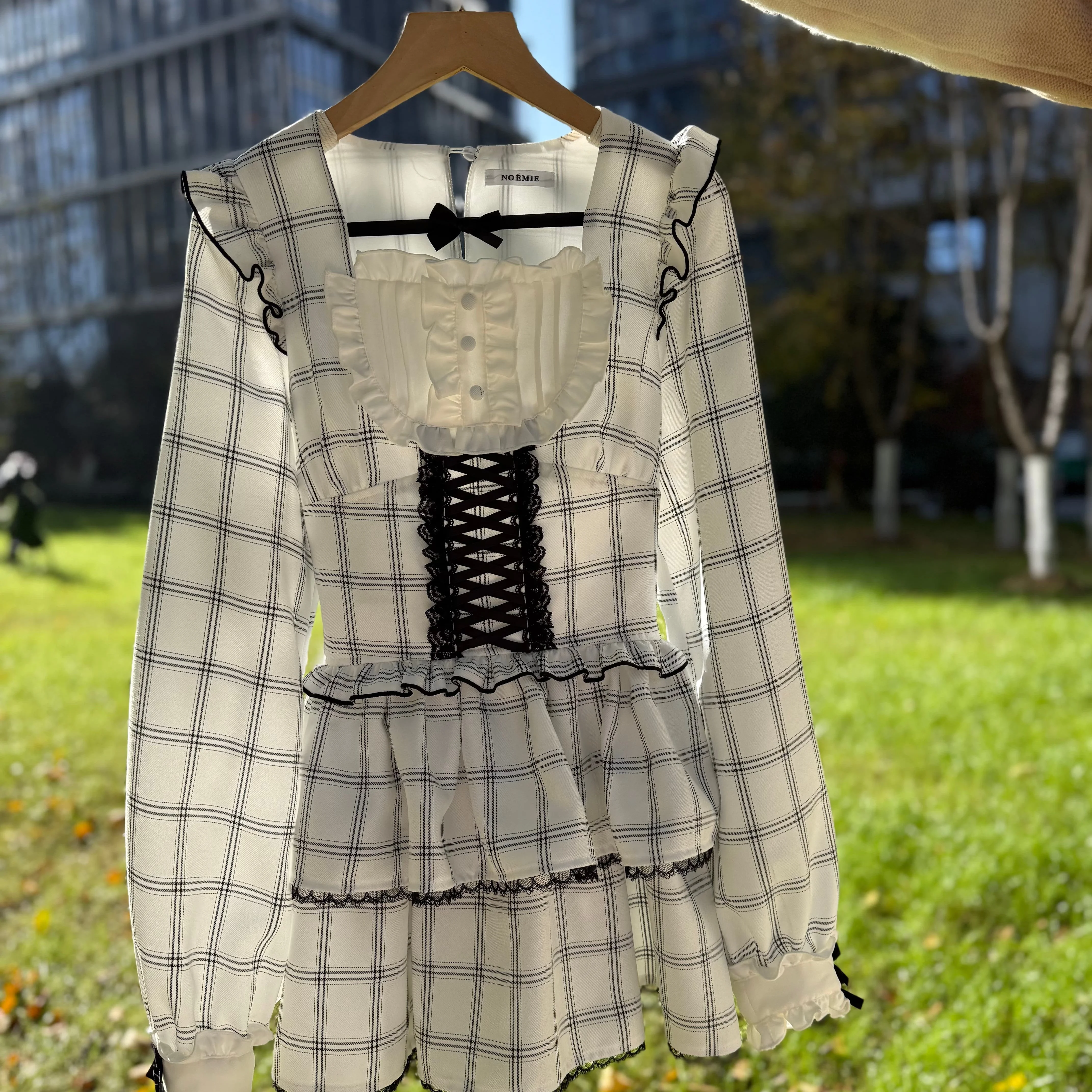 Japanese Style Mass-production Sweet Cute Lolita Dress Set Square Neck Long Sleeve Plaid Dresses Shorts Two-Piece Set for Women