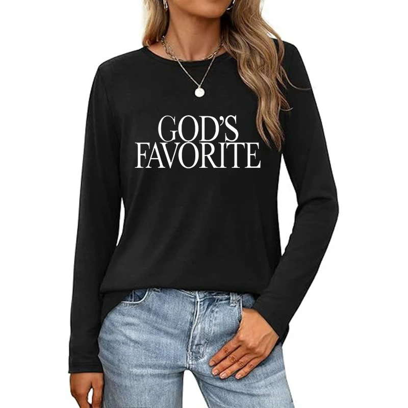 

GOD'S FAVORITE Graphic Long Sleeve Tee Shirt Women's Simple Printed Crew Neck T-shirt Slim Fit Tshirt Woman Gothic Y2k Clothes