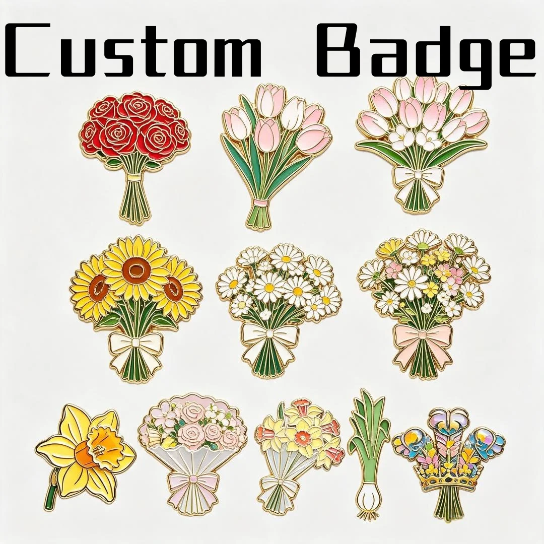 Custom Lapel Pins No Minimum Floral Bouquet Enamel Metal Brooch, Fashion Clothes Backpack Custom Shirt Pins Decoration