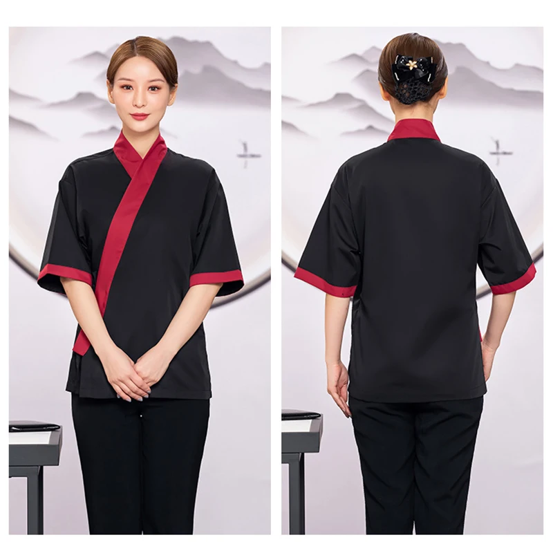 Unisex Japanese Style Chef Coat With Apron Sushi Restaurant Kimono Cook Uniform Shirts Waitress Waiter Work Wear Tops Overalls