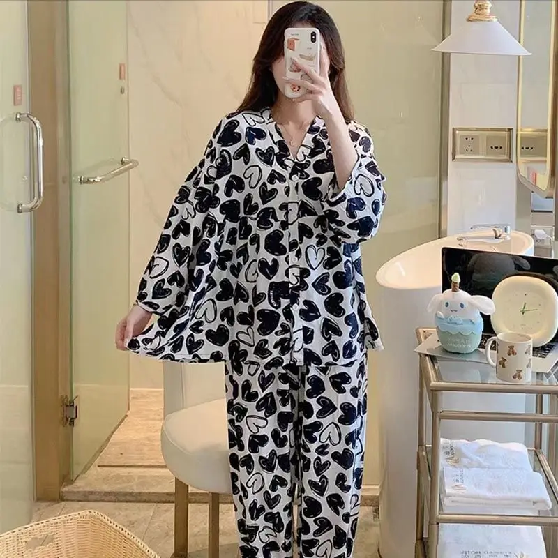 Baggy Pajama Sets Women XL-4XL Chic Lantern Sleeve Summer Elegant New Sleepwear Simple Lady Thin Breathable Ins Popular Young