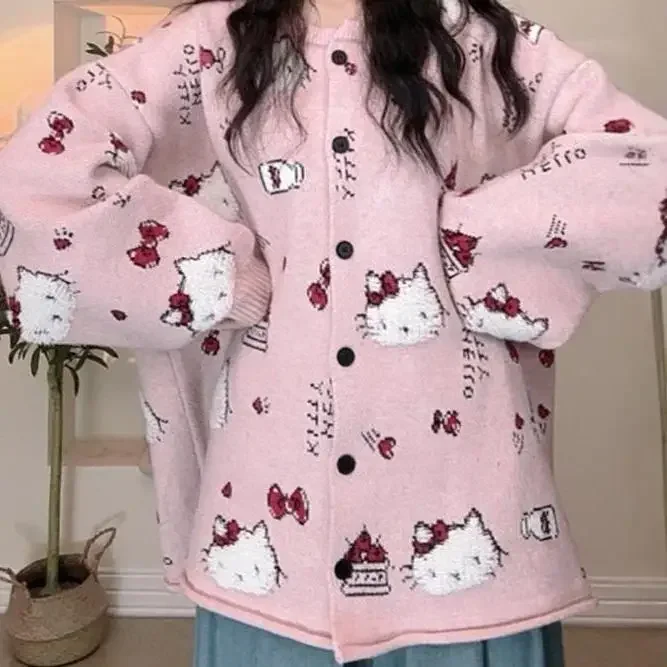 Sanurgente-Pull Hello Kitty, cardigan à manches longues, col rond, jacquard de dessin animé, veste décontractée, doux et frais