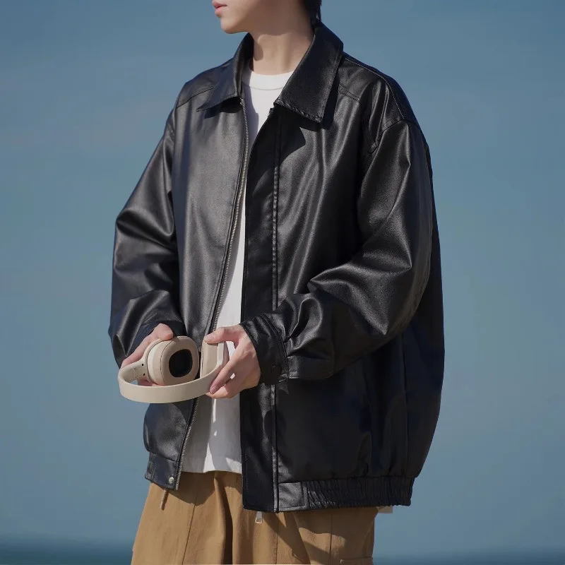 

Vintage Wash PU Leather Jacket Unisex Warm Autumn Spring Outfit Streetwear Functional Loose Coat with Modern Design​