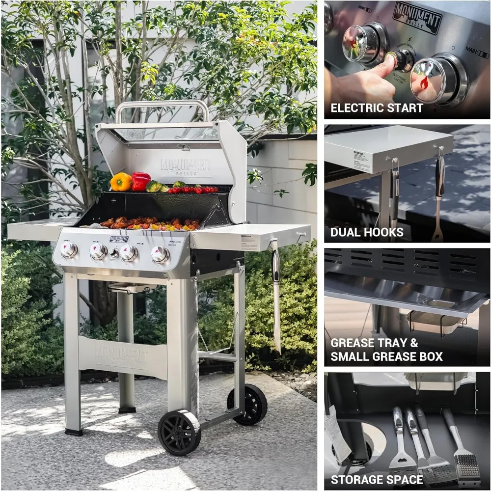 Monument Grills 4-Burner Liquid Propane Gas Grill, Silver Stainless Steel Grill Outdoor Patio Garden Barbecue Grill