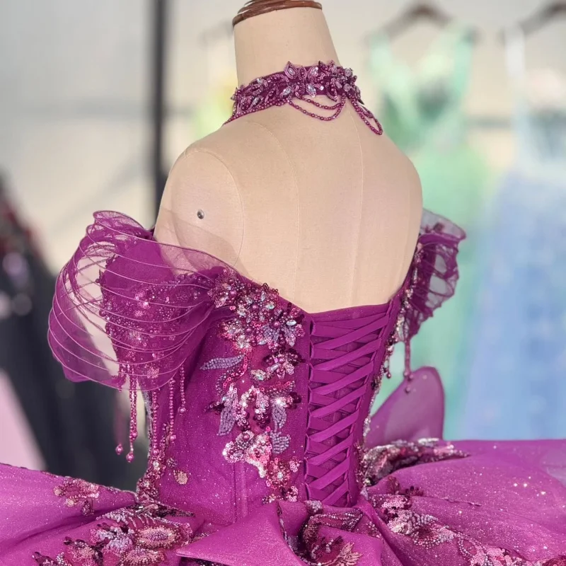 Rosa vermelha brilhante fora do ombro vestidos quinceanera lantejoulas apliques rendas miçangas tull festa de aniversário doce 16 vestido vestidos 15 de