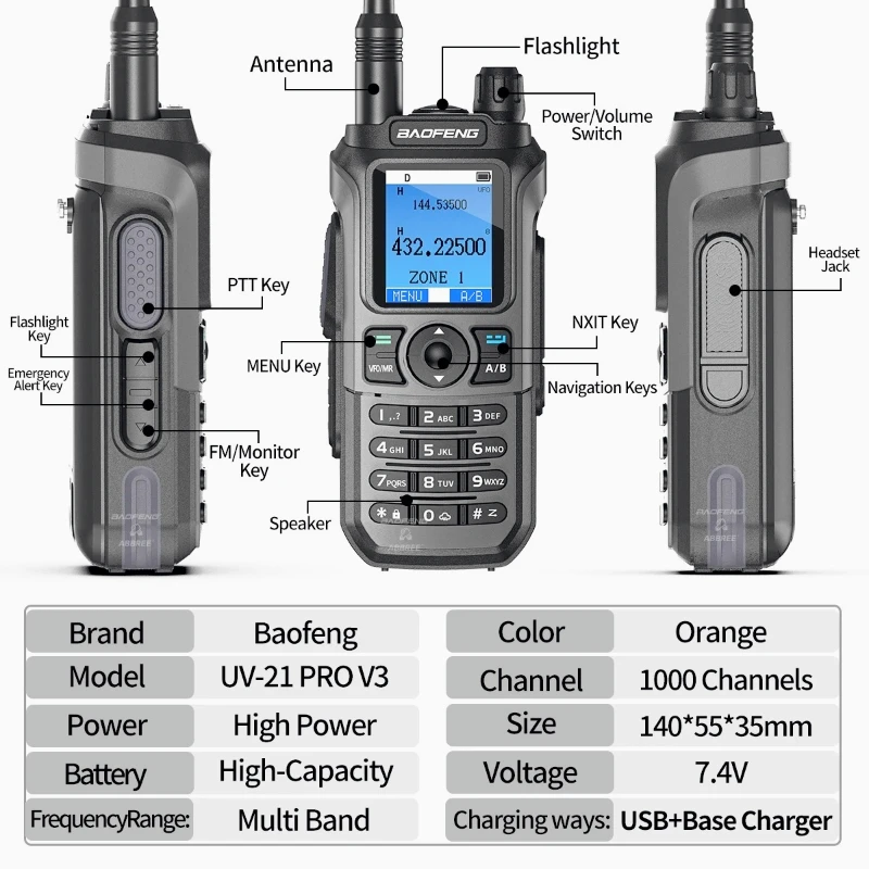 شاحن Baofeng UV 21 Pro Walkie Talkie 16KM AM طويل المدى مقاوم للماء متعدد الموجات من النوع C