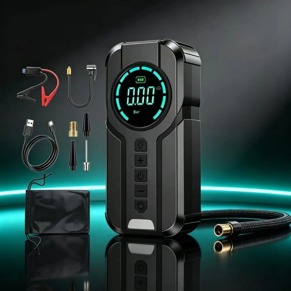 Power Supply Digital Display Jump Starter Rechargeable LED Light Tire Inflator Weatherproof All-in-One Car Jump Box Bike Tire