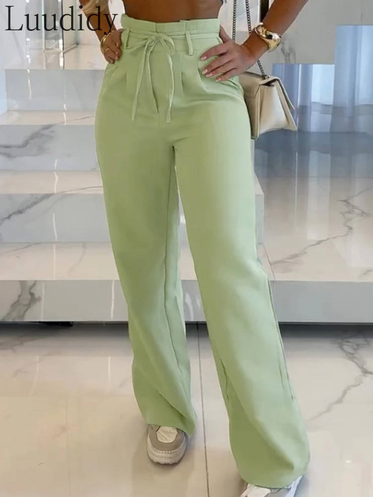 

High Waist Tied Detail Zipper Fly Pleated Wide Leg Pants With Pockets