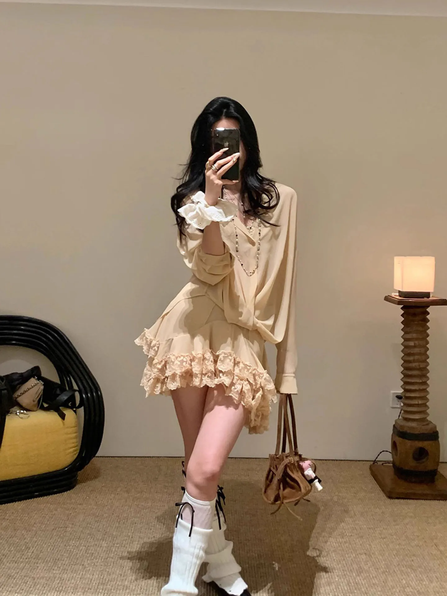 

Loose Fit Lace Trim Shirt Cardigan Draped Skirt Set Women's Commute Style Long Sleeve V-Neck Polyester Fiber Summer Outfit