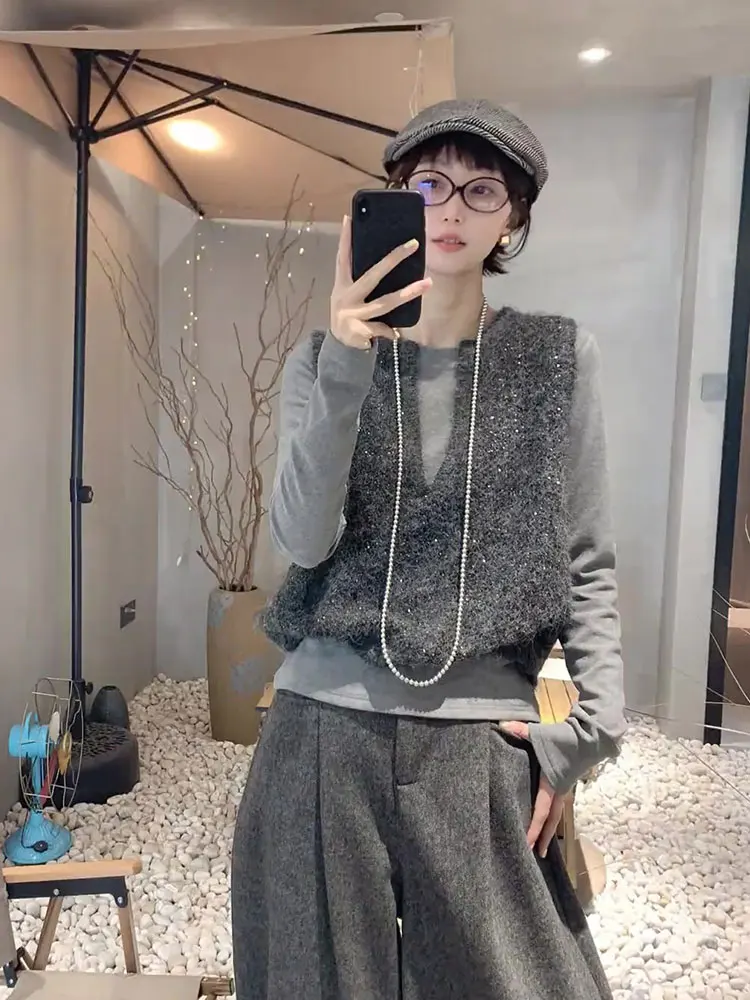 

Модный вязаный жилет Svel, простой летний верхний многослойный жилет с эффектом похудения, V-Ne, однотонная одежда для поездок на работу