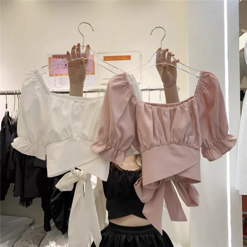 Sexy Bandage Crop Top Femme Pink Doll Blouse Blusas Mujer De Moda 2024 Bow Backless Black White Ruffle Pleated Shirt Women