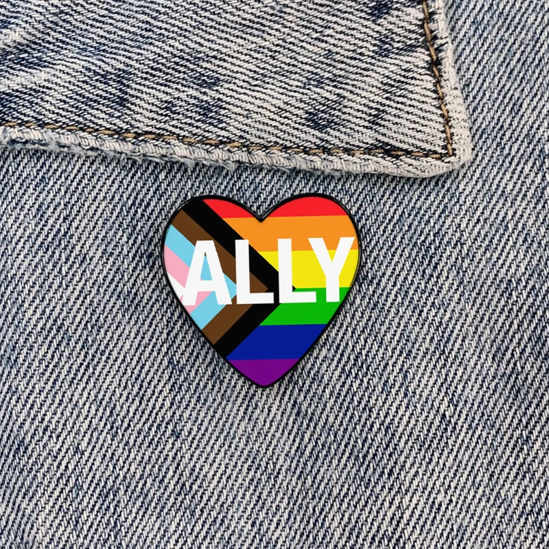 New Fashion Progress Pride Flag Heart ALLY Heart-shaped metal pin Funny vintage Brooches Shirt Lapel Badge pins for Lover Girls