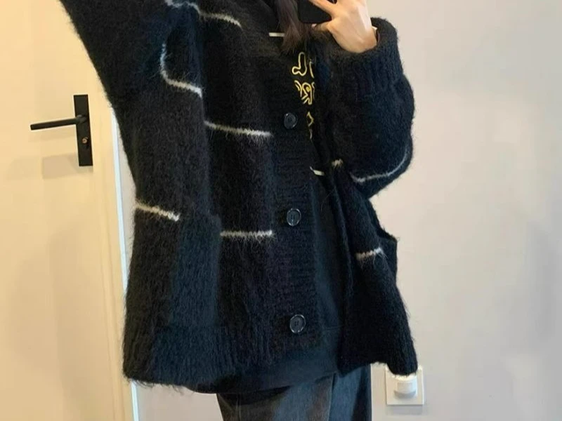 2025 레트로 패션 스트라이프 니트 가디건 스웨터 재킷 여성용 루즈핏 슬림핏 탑