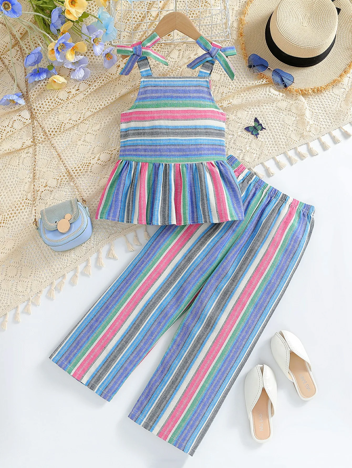 Spring and Summer New Girl Stripe Bow Sleeveless Thin Set Sports Fashion Show Color Block Two Piece Set for 2 3 4 5 6 7 Years