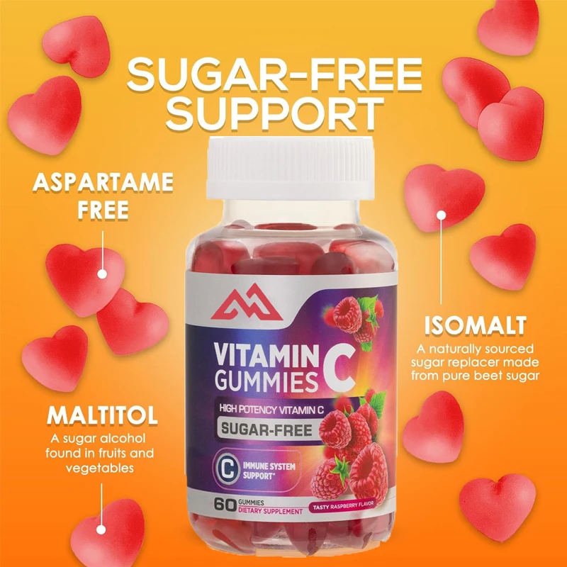 

Sugar free vitaminC gummies immune support antioxidant suitable for children and adults with raspberry flavor for vegetarians