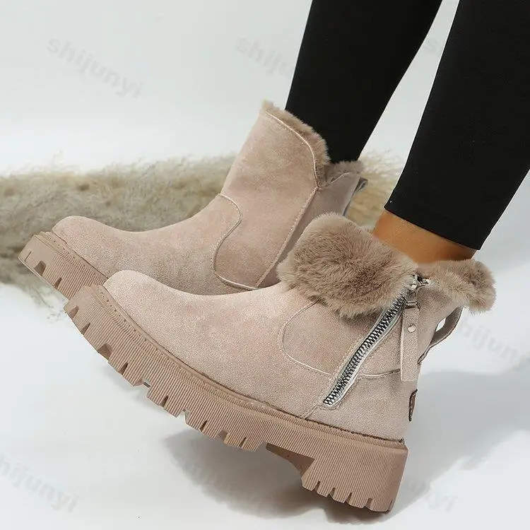 Women's Winter Shoes Fashion Ankle Boots with Fur Woman Plush Velvet Warm Platform Flats Side Zipper Shoes Luxury Designer Botas