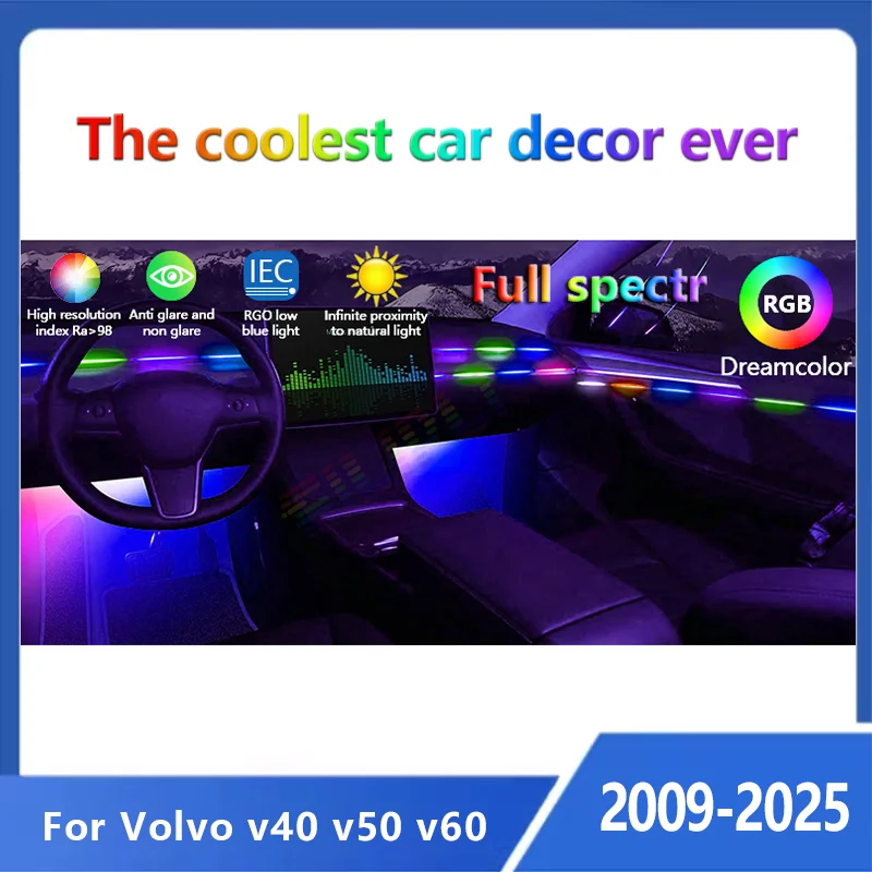 22 In1 Neon Full Streamer Car Ambient Lights RGB 64 Colors LED Interior Hidden Acrylic Strip Only For Volvo V40 V50 v60