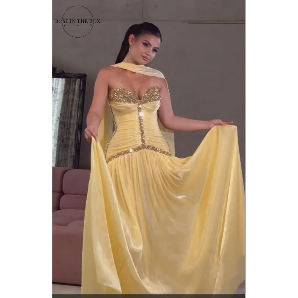ROSEINTHEBOX Luxury Beaded Evening Dresses Yellow Chiffon Sweetheart Neck Prom Dress for Women Pleated Ruched Cocktail Gowns