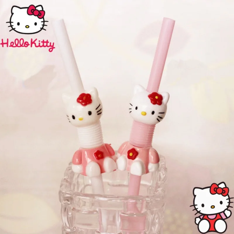 Kawaii Sanrio Hello Kitty Cute Style Straw Retractable Folding Cartoon Pink Straw Halloween Party Supplies Girl Kid Holiday Gift