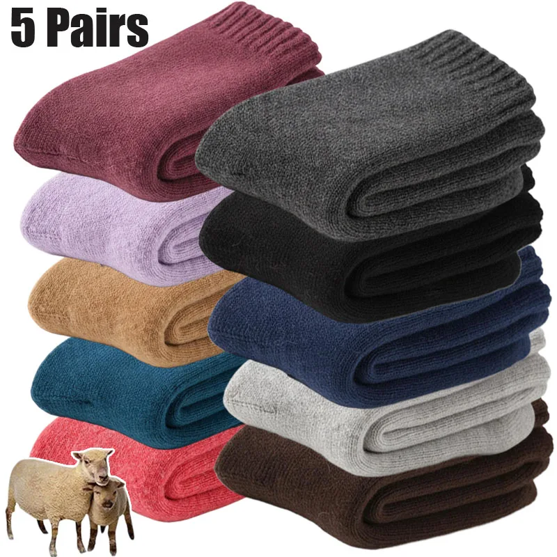 

5 Pairs New Winter Warm Socks Super Thicker Wool Women Socks Solid Merino Wool Socks Against Cold Snow Men Terry Sock Size 36-42