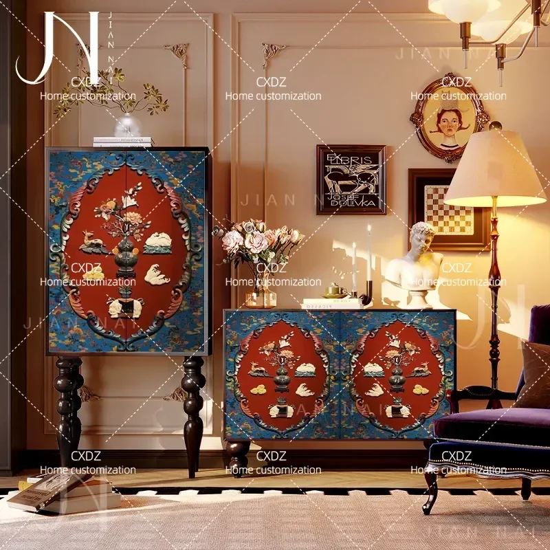 French Chinese style Baibaotu solid wood tall cabinet living room against the wall storage dining room storage side cabinet