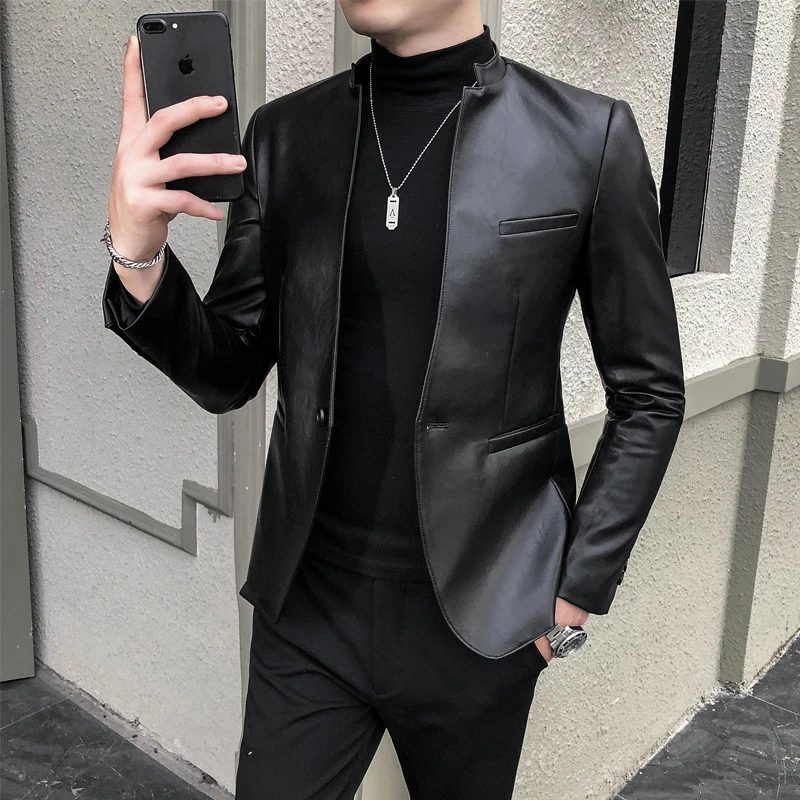 2023 Brand Clothing Fashion Men's High Quality Casual Leather Jacket Male Slim Fit Business Leather Suit Coats/Man Blazers 4XL