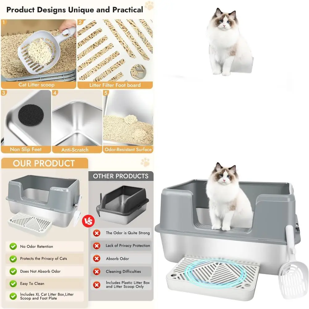 

Large Metal Cat Litter Box with High Sides, Scoop, and Boot Board for Big Cats, Kittens, Rabbits, and Hamsters - Easy Cleaning,