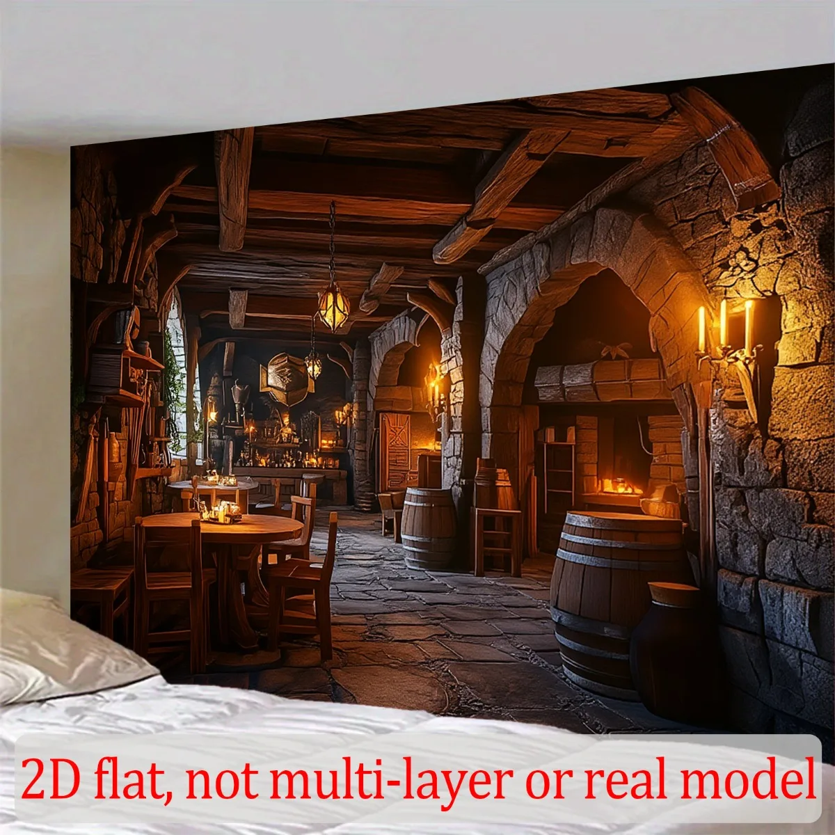 Medieval Tavern Stone Wall Wooden Barrel Candlelight Tapestry 2D Flat Printing Wall Hanging Backdrop for Game Room Bar Decor