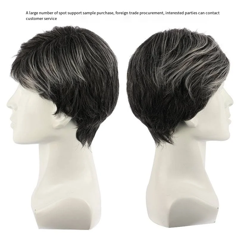 Wig fashion men black gray fluffy short straight hair synthetic fiber head set male wig elastic net