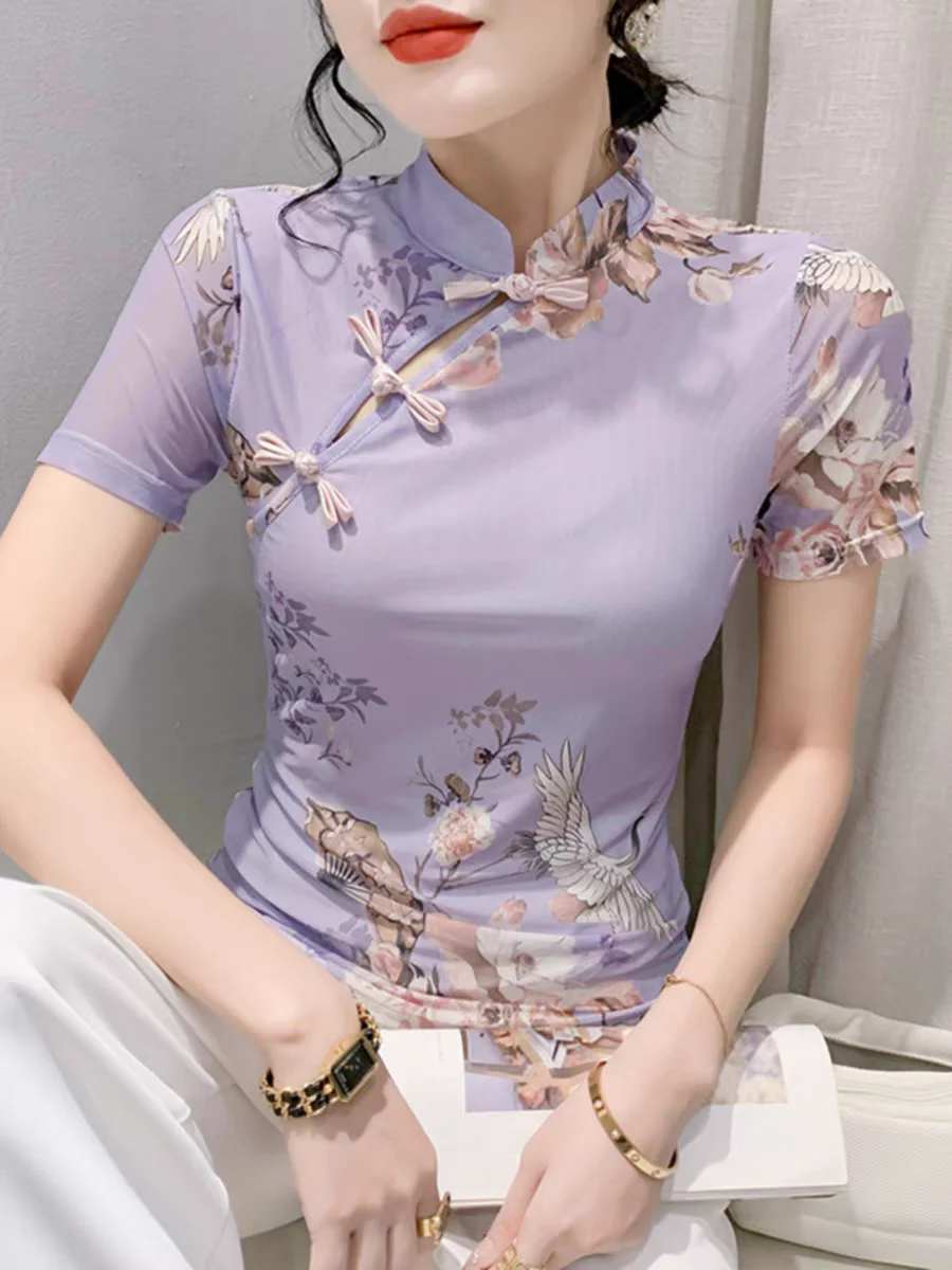 Summer Short Sleeve T-shirt Women Hollow Out Slim Stretchy Vintage Elegant Chinese Style Button T Shirts Tees