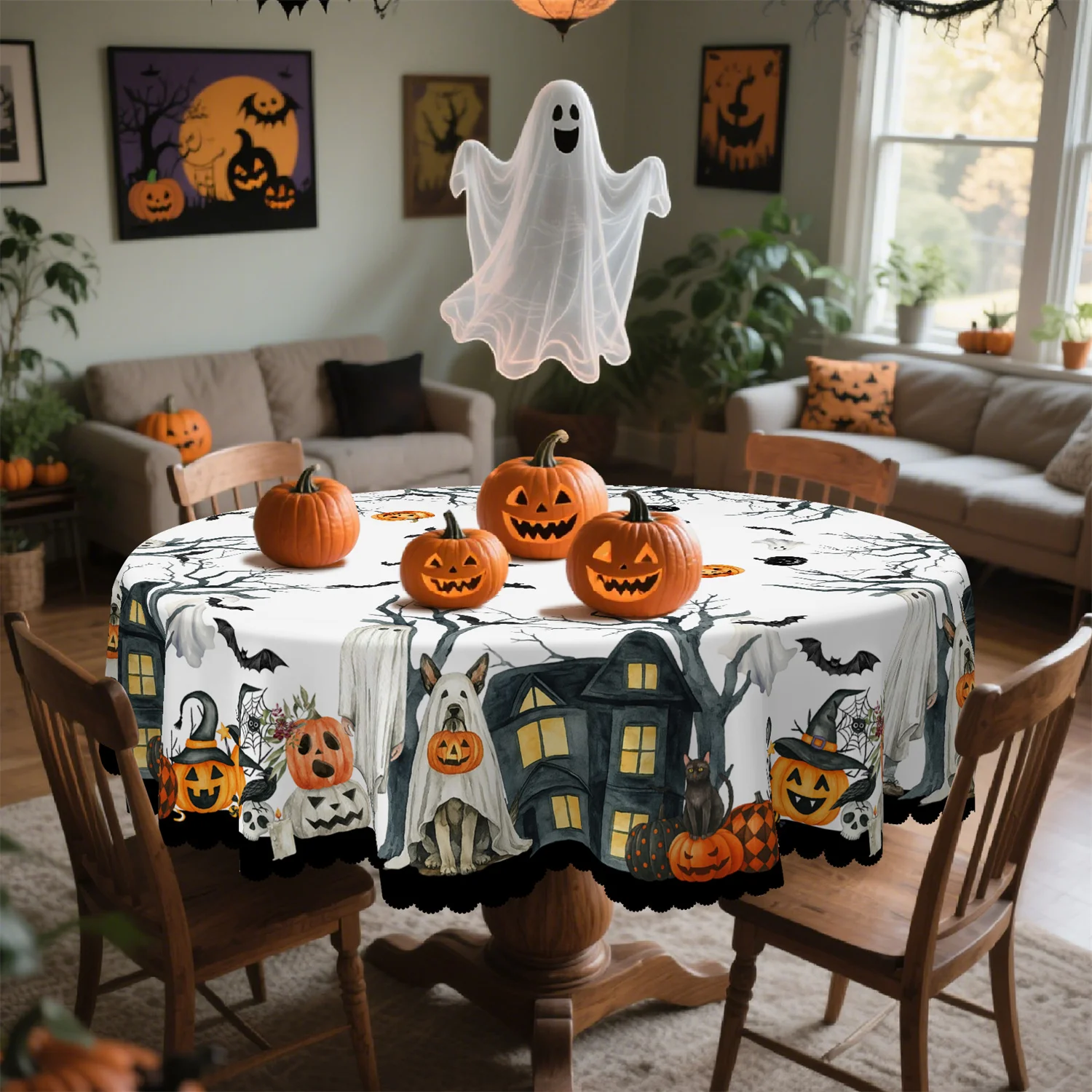 Dot-patterned pumpkin ghost house, tree, bat, Halloween tablecloth, 1 pack, suitable for kitchenzyc
