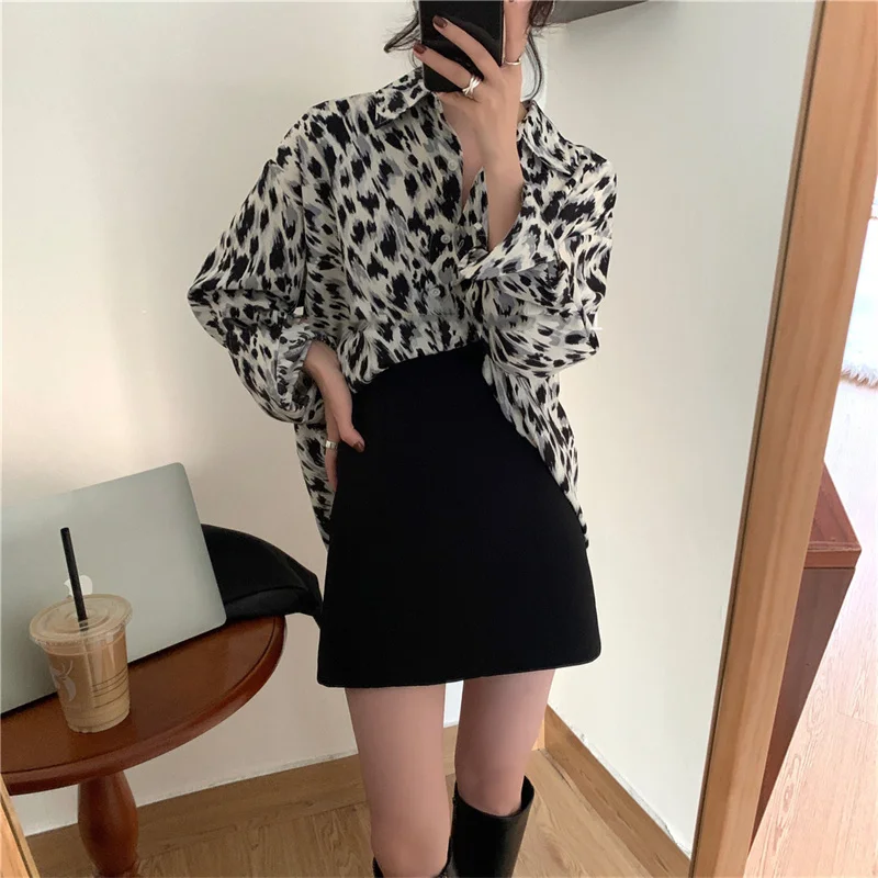 PLAZSON Fashion Casual Button-up Blouse Women Autumn Vintage Leopard Print Loose Clothes Lapel Ladies Tops Casual Oversize Shirt