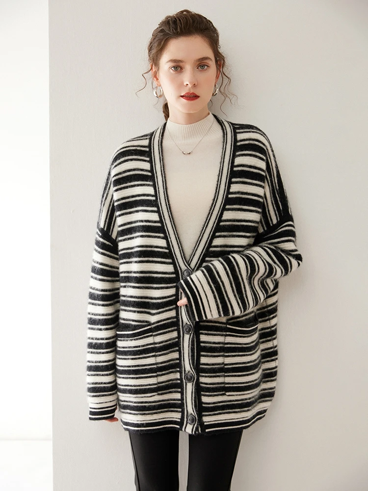 High-quality Women 100% Cashmere Sweater V-neck Cardigan Striped Cashmere Sweater Coat Autumn Winter  Large Size Loose Tops