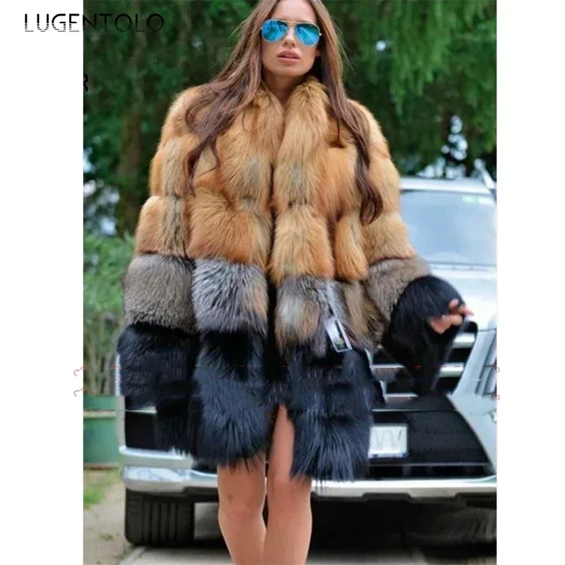 Women Long Faux Fur Coat Winter Fashion Large Size Thick Warm Fur Jacket Yellow and Black Contrast Stitching Cardigan Cloth