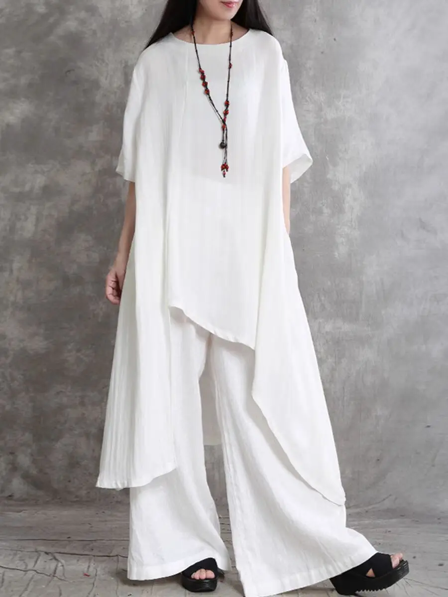Conjunto de 2 piezas de lino y algodón holgado de talla grande para mujer, pantalón corto informal de manga corta con cuello redondo, camisa Irregular, Tops y pantalones, trajes femeninos N909