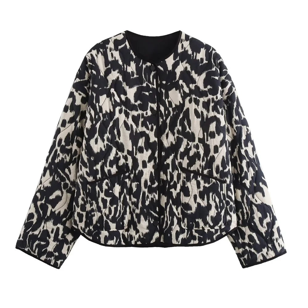 PB&ZA 2024 early autumn new women\'s all-match leopard print animal print round neck cotton jacket coat