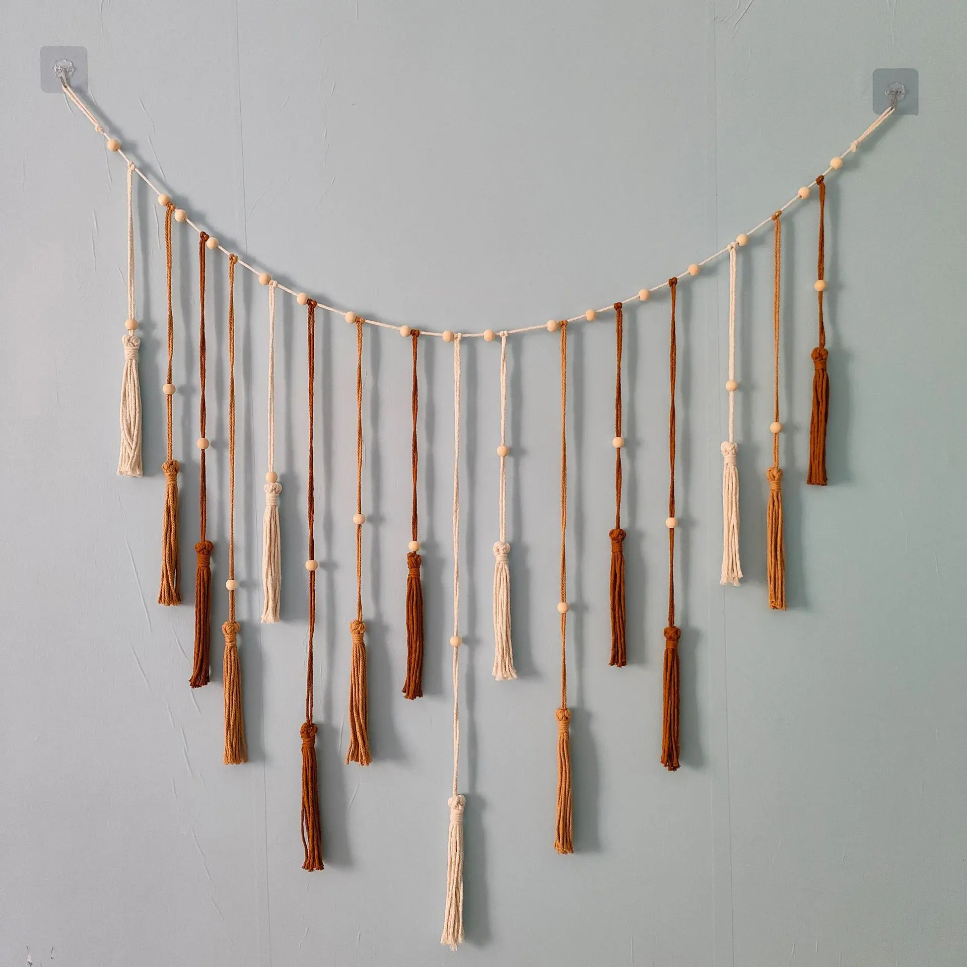 Tassel Garland with Wooden Beads, Handmade Woven Wall Hanging Banner, Boho Wall Decor for Bedroom Party Background Decoration.