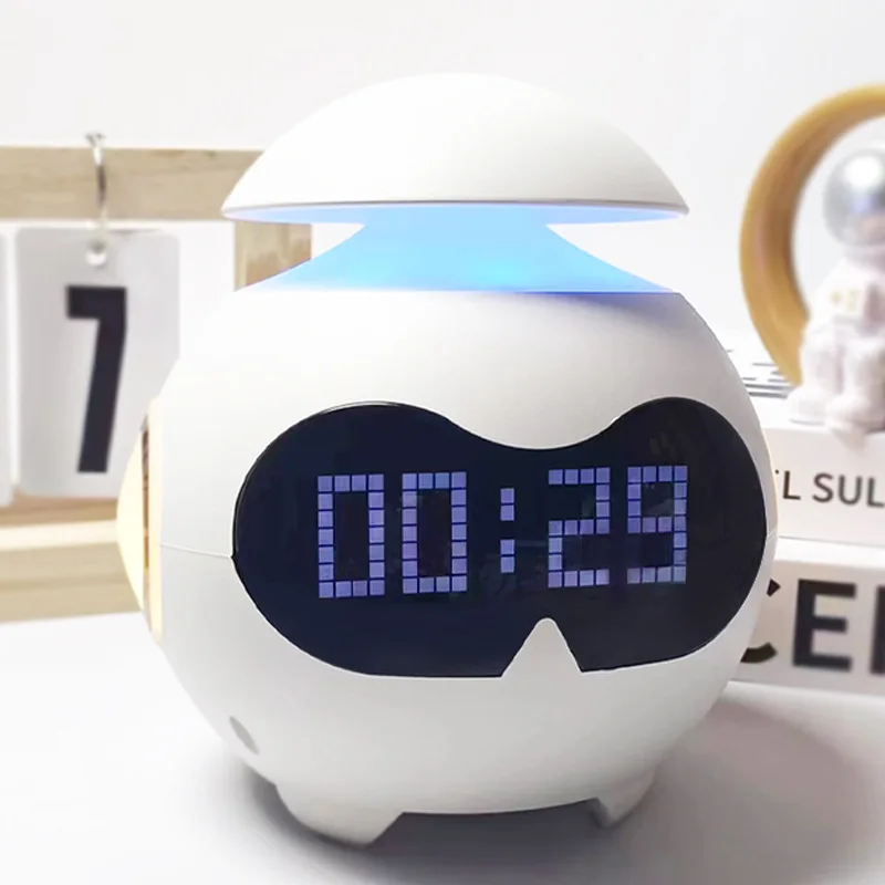 USB 5v Cute Robot cyfrowy budzik zegar światło nastrojowe zegar z muzyka Bluetooth wyrażeniem RGB LED lampka nocna światło nastrojowe