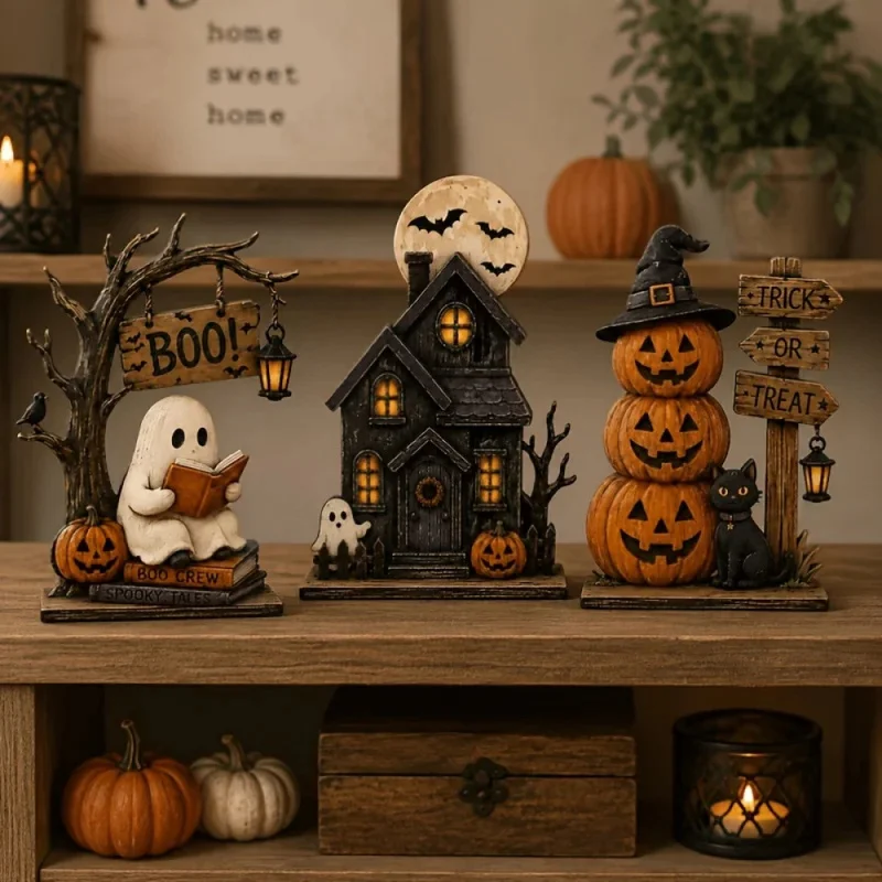 3PCS Halloween Spooky Decor Statue Set Haunted House Ghost Pumpkin Black Cat Fall Home Mantel Table Ornament Halloween Present